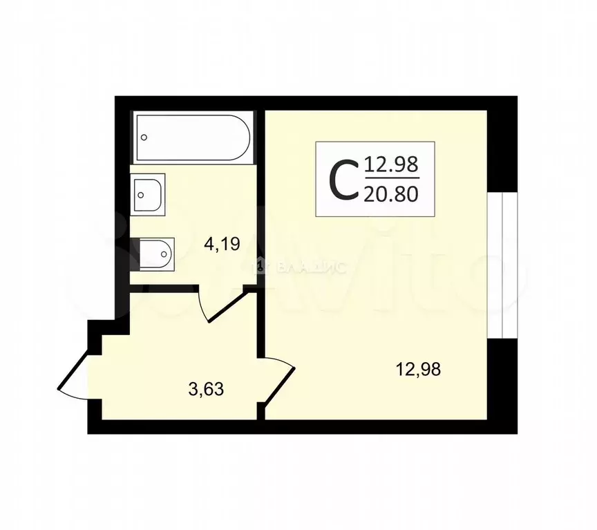 Квартира-студия, 21,1 м, 1/13 эт. - Фото 0