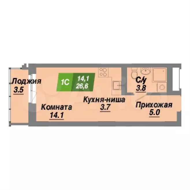 Квартира-студия, 26,6 м, 10/23 эт. - Фото 0