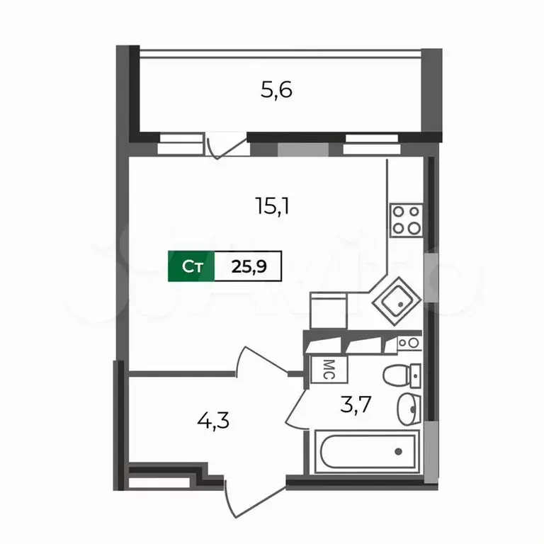 Квартира-студия, 25,9 м, 2/17 эт. - Фото 0