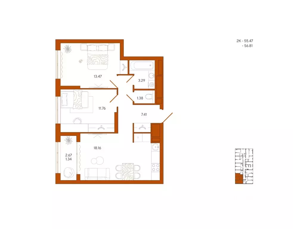 2-к кв. Пензенская область, Пенза Терра жилой комплекс (56.81 м) - Фото 1