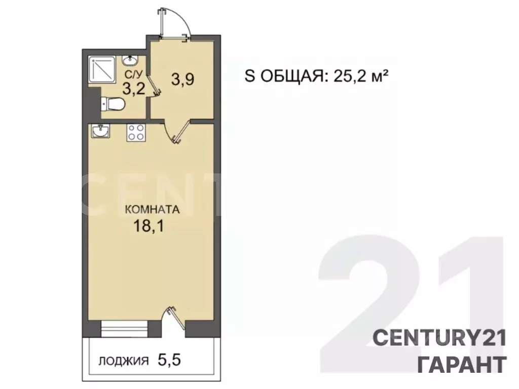 Студия Санкт-Петербург Железнодорожный просп., 14к3 (25.2 м) - Фото 2
