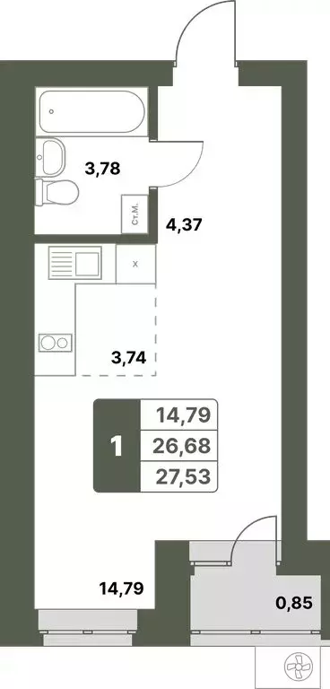 1-комнатная квартира: Уфимский район, село Миловка (27.53 м) - Фото 0