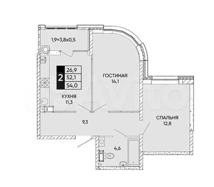 2-к. квартира, 54 м, 4/20 эт. - Фото 0