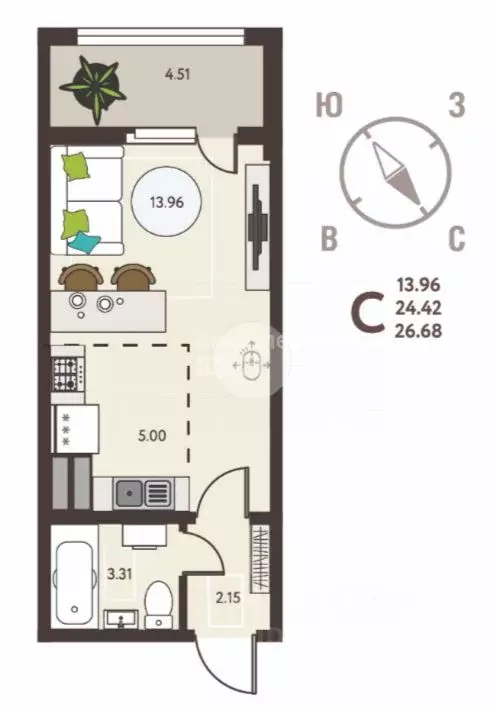 Студия Липецкая область, Липецк ул. Перова (26.68 м) - Фото 1