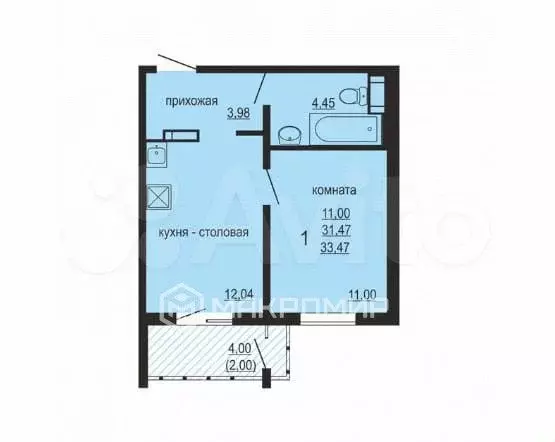 1-к. квартира, 31,7 м, 3/9 эт. - Фото 0