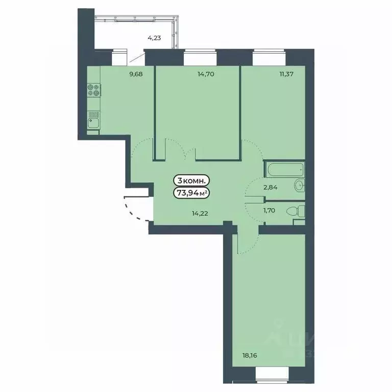 3-к кв. Красноярский край, Красноярск ул. Светлова, 25/1 (73.94 м) - Фото 1