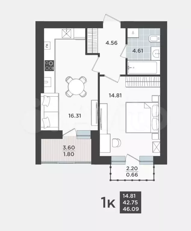 1-к. квартира, 42,8 м, 9/9 эт. - Фото 1