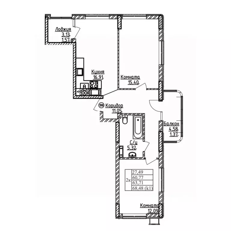 2-к кв. Калининградская область, Калининград ул. Дубовая Аллея (63.71 ... - Фото 1