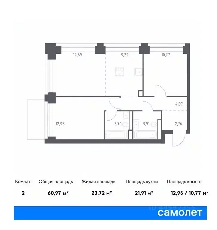 2-к кв. москва нова жилой комплекс, к2 (60.97 м) - Фото 0