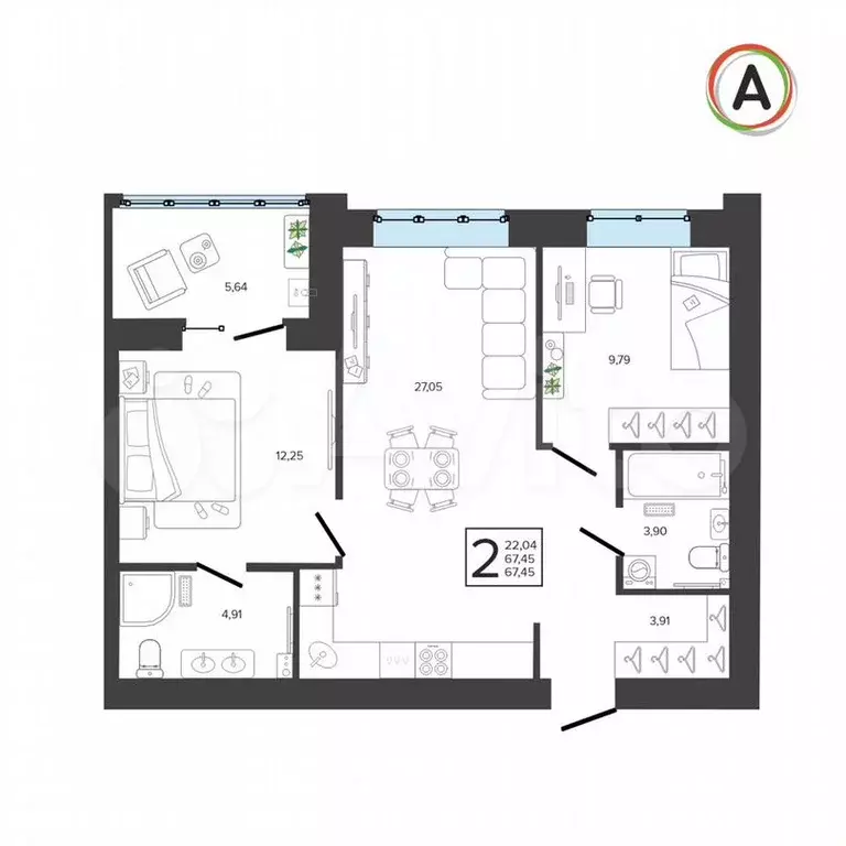 2-к. квартира, 67,5м, 2/9эт. - Фото 1