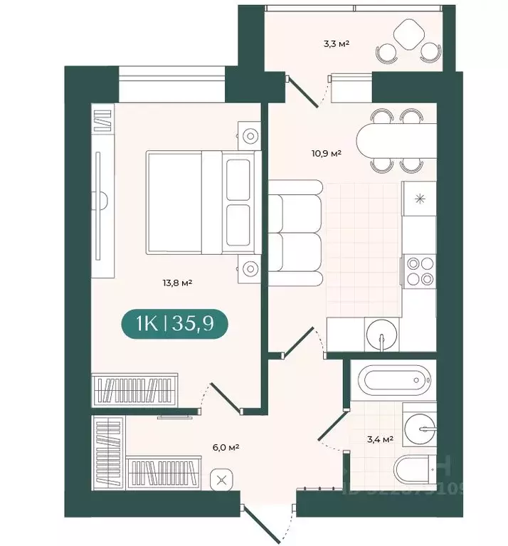 1-к кв. Новосибирская область, Новосибирск  (35.85 м) - Фото 2