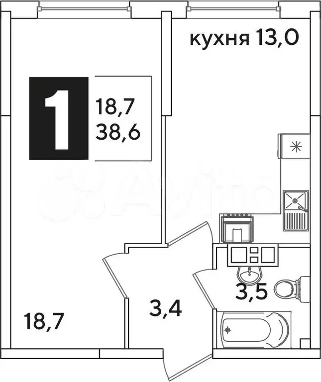 1-к. квартира, 38,6 м, 8/16 эт. - Фото 0