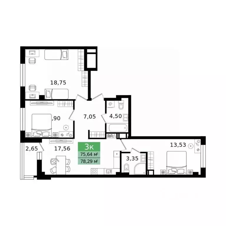 3-к кв. Курганская область, Курган просп. Конституции (78.29 м) - Фото 1