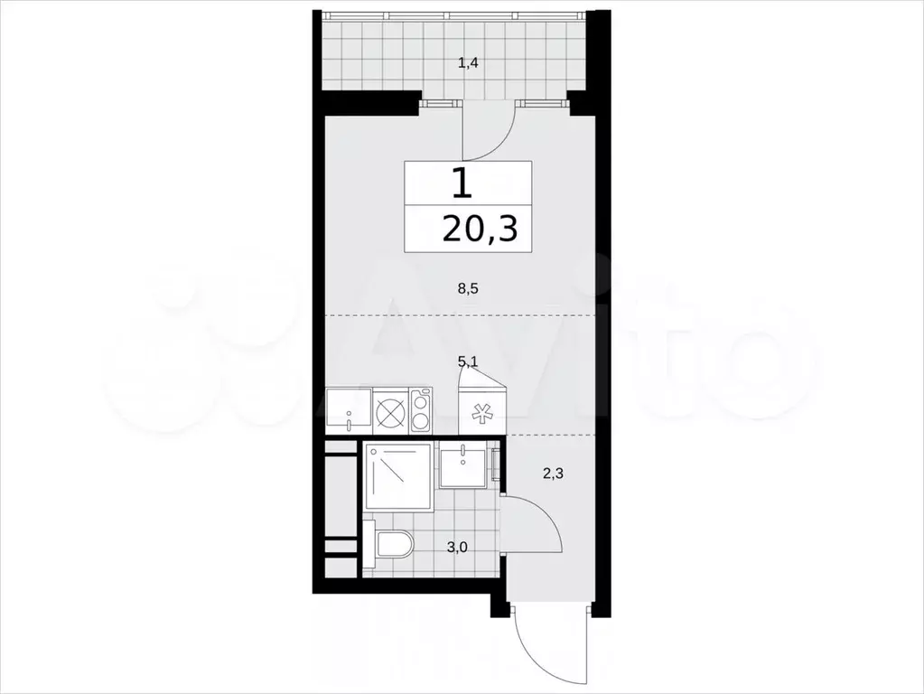 Квартира-студия, 20,3м, 14/15эт. - Фото 1