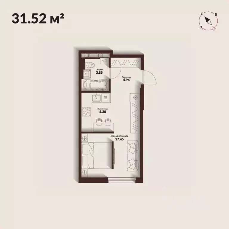 Студия Приморский край, Владивосток Каскада жилой комплекс (31.52 м) - Фото 0