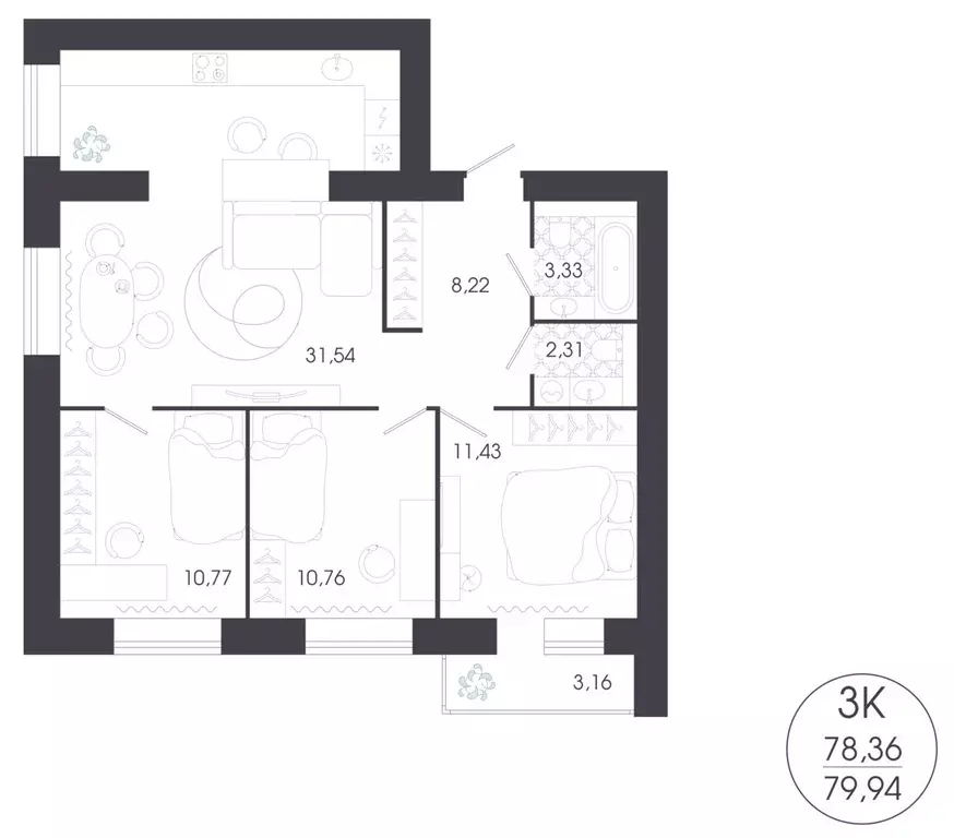 Квартира, 3 комнаты, 79.94 м - Фото 2