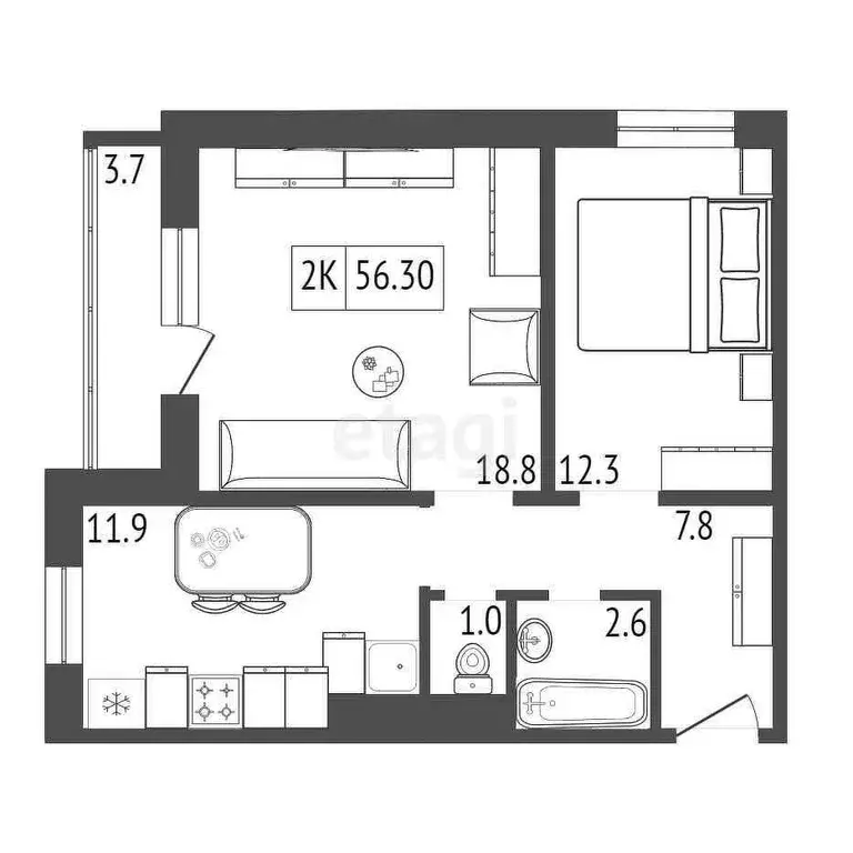 Продаётся 2-к квартира, 56.3 м - Фото 0