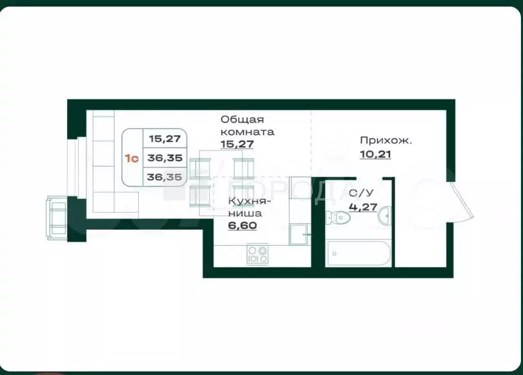 Студия Алтайский край, Барнаул просп. Строителей, 18к1 (36.9 м) - Фото 2