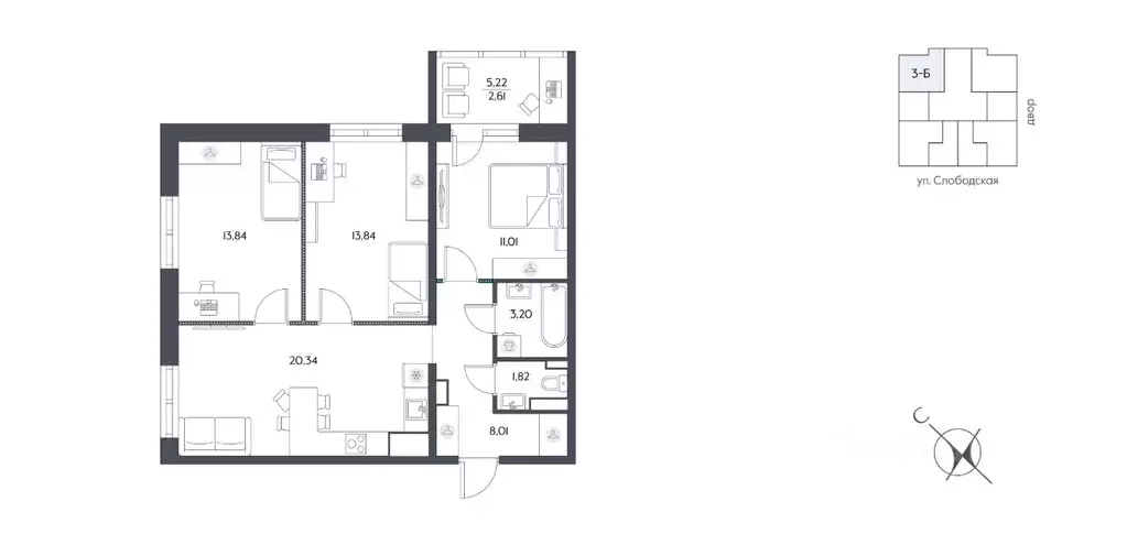 3-к кв. Хабаровский край, Хабаровск Слободская ул. (74.69 м) - Фото 2