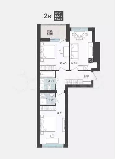 2-к. квартира, 63,4 м, 1/9 эт. - Фото 1