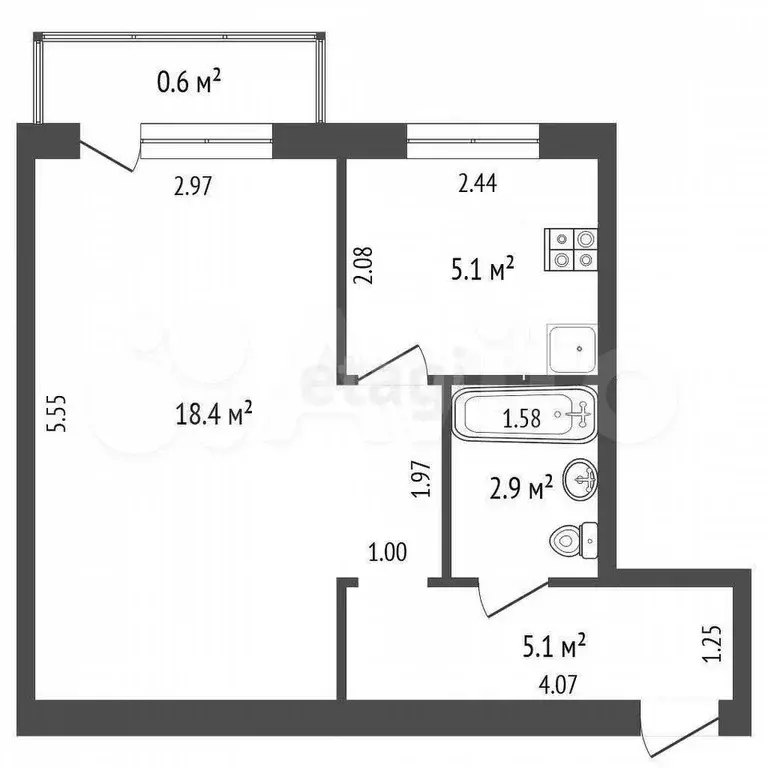 1-к. квартира, 31,5 м, 4/4 эт. - Фото 0