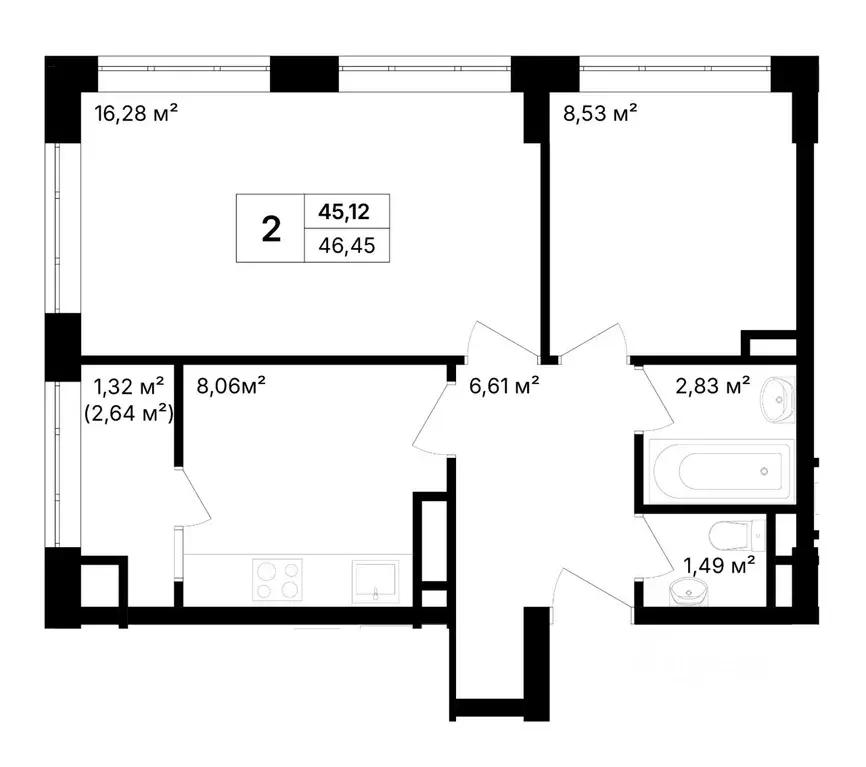 2-к кв. Крым, Щелкино Ленинский район, 2-й мкр,  (46.45 м) - Фото 1