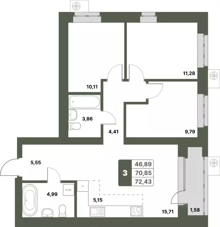 3-к кв. Башкортостан, Уфимский район, с. Миловка  (72.43 м) - Фото 0