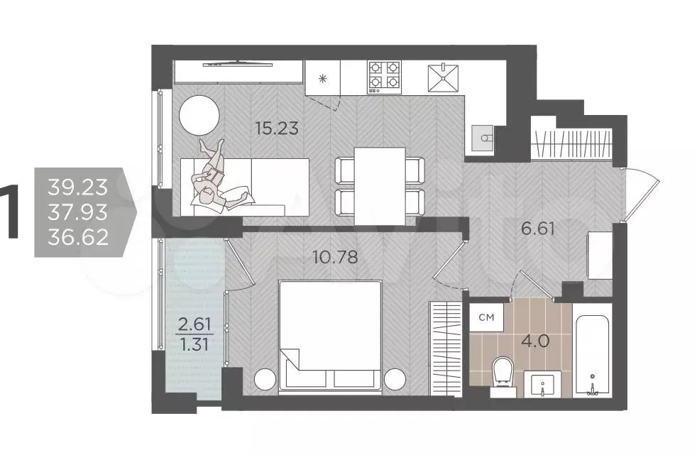 1-к. квартира, 37,9 м, 1/9 эт. - Фото 1