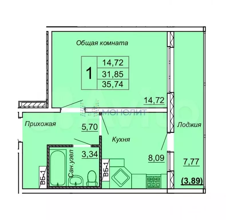 1-к. квартира, 40 м, 2/9 эт. - Фото 0