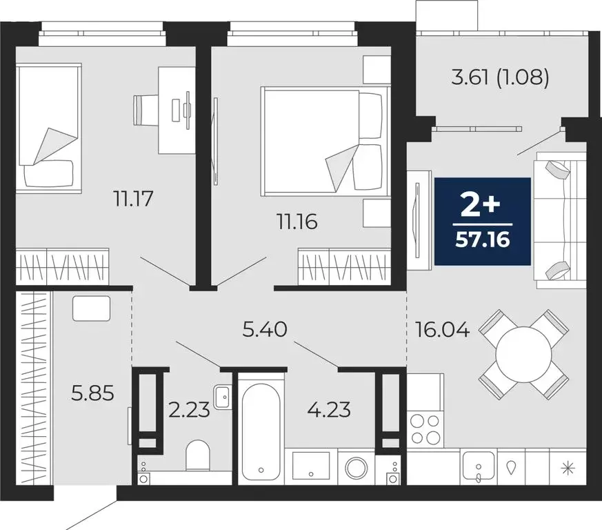 2-комнатная квартира: Тюмень, Арктическая улица, 16 (59.69 м) - Фото 1