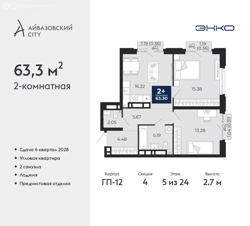 2-комнатная квартира: Тюмень, ЖК Айвазовский Сити (63.3 м) - Фото 1