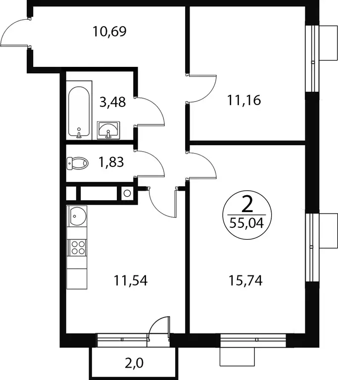 2-к квартира, 55.04 м - Фото 0