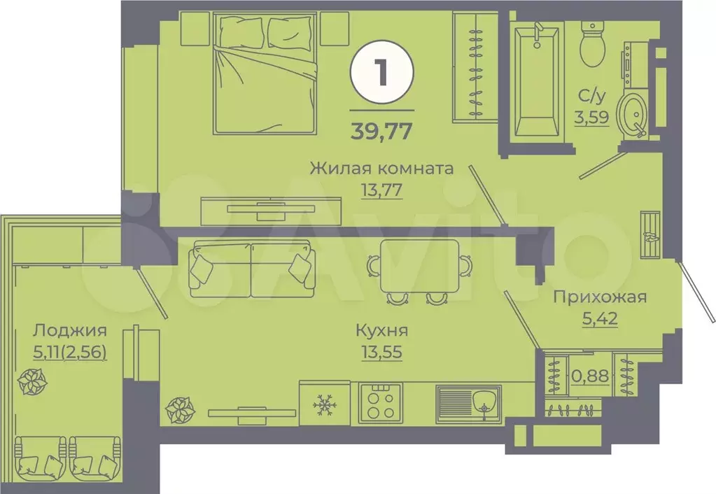 1-к. квартира, 40 м, 4/24 эт. - Фото 0