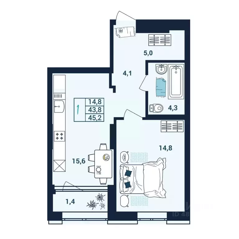 1-к кв. Башкортостан, Уфа ул. Пархоменко, 156Г (45.9 м) - Фото 1