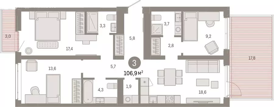 3-комнатная квартира: Тюмень, Ленинский округ (106.87 м) - Фото 1