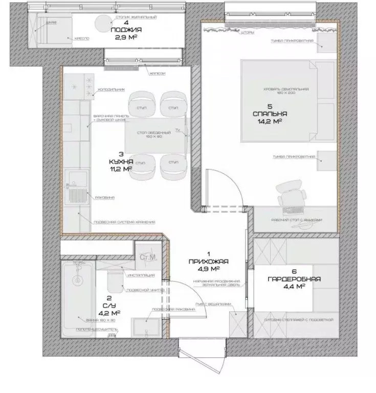 Квартира, 1 комната, 41.2 м - Фото 1
