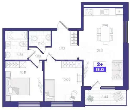 2-к. квартира, 58,1 м, 4/9 эт. - Фото 1