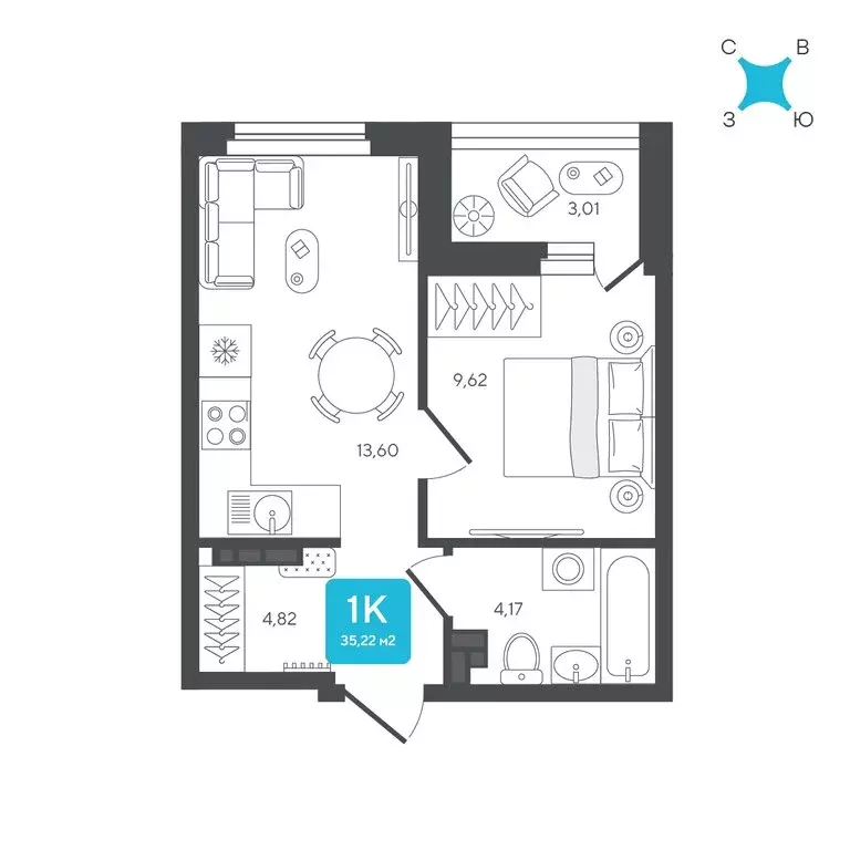 1-комнатная квартира: Дербыши, жилой комплекс Дабл-Дабл (35.22 м) - Фото 1