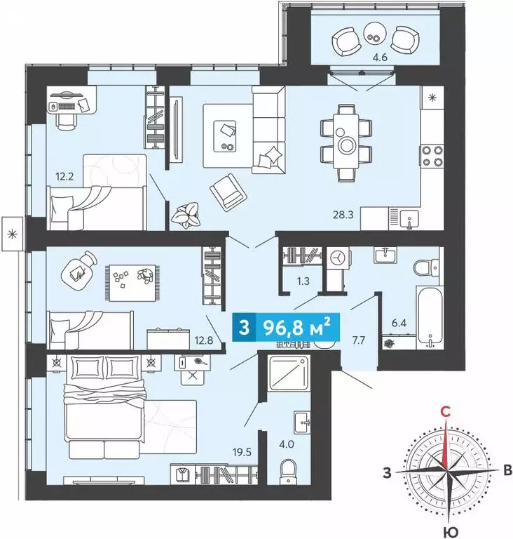 3-комнатная квартира: Засечное, микрорайон Город Спутник (96.8 м) - Фото 1