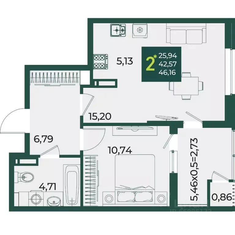 2-к кв. Краснодарский край, Краснодар Образцово мкр,  (46.16 м) - Фото 1