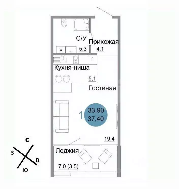 Студия Крым, Керчь Белый город жилой комплекс (37.4 м) - Фото 2