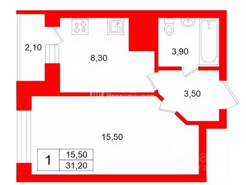 1-к кв. Санкт-Петербург ул. Русановская, 16к3 (31.2 м) - Фото 2