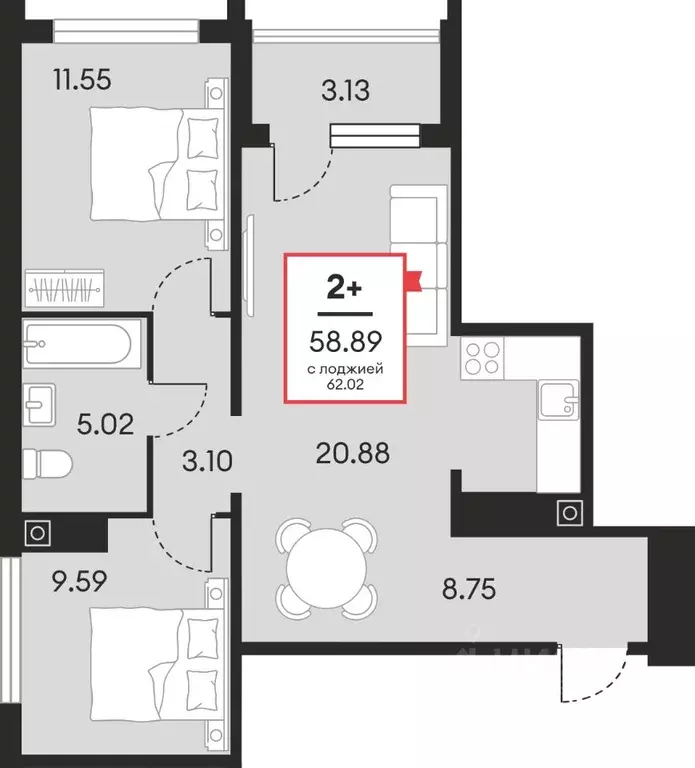2-к кв. Ханты-Мансийский АО, Нефтеюганск ул. Нефтяников, 48А (58.89 м) - Фото 1