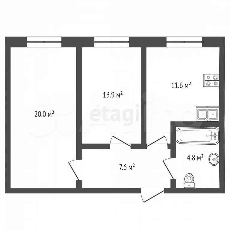 2-к. квартира, 57,9 м, 5/10 эт. - Фото 0