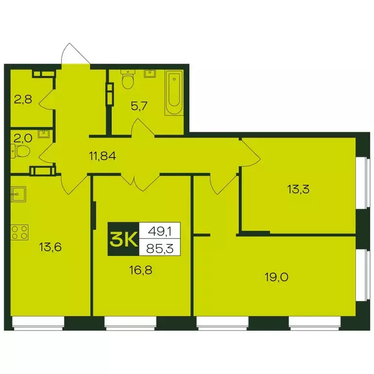 3-комнатная квартира: Чебоксары, Чебоксарский проспект, поз5.22 (88.4 ... - Фото 1