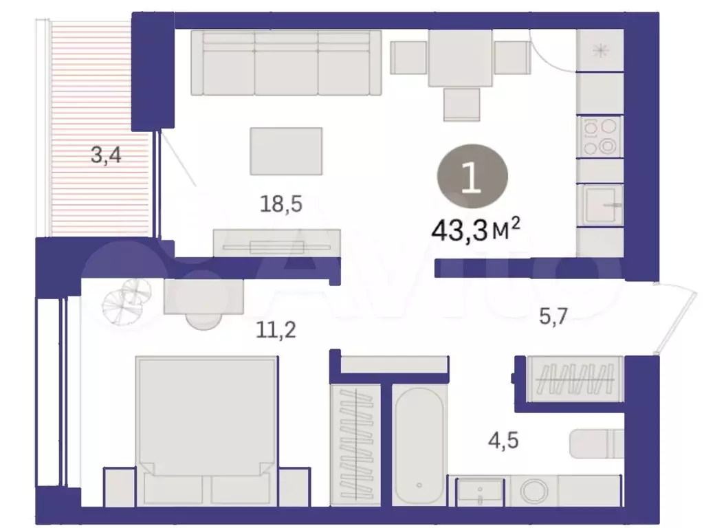 1-к. квартира, 43,3 м, 7/9 эт. - Фото 1