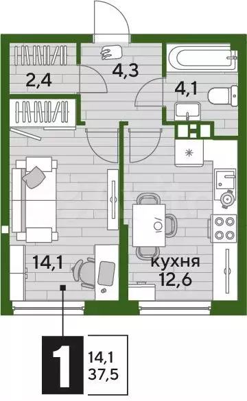 1-к. квартира, 37,5 м, 5/16 эт. - Фото 1