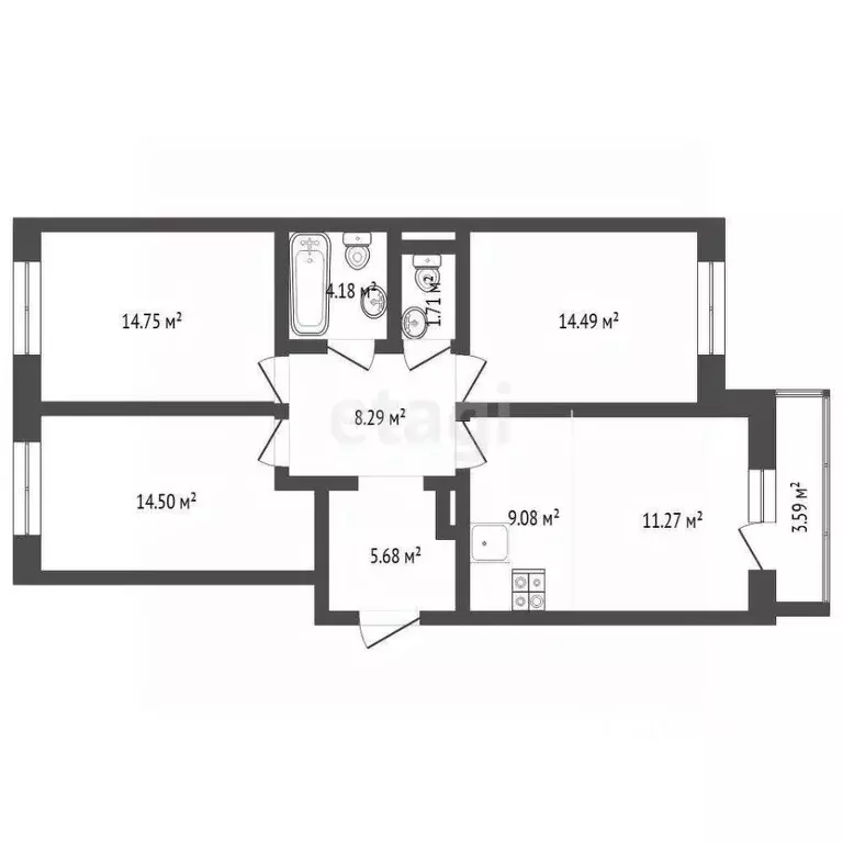 3-к кв. Тюменская область, Тюмень ул. Фармана Салманова, 14 (84.2 м) - Фото 2