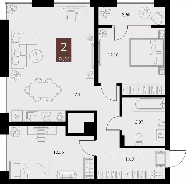 2-к кв. Рязанская область, Рязань ул. Бирюзова, 20с1 (70.32 м) - Фото 1
