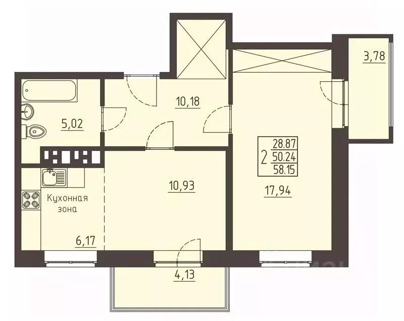 2-к кв. Иркутская область, Иркутск ул. Рылеева, 3 (58.0 м) - Фото 0